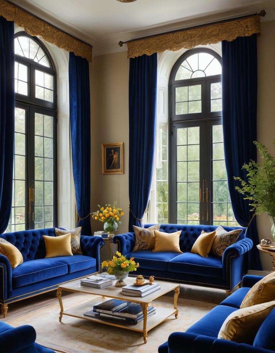 A beautifully decorated living room featuring a blend of regal and cozy seating options, like a plush velvet sofa in deep royal blue, ornate armchairs with intricate golden patterns, and soft, oversized cushions. Incorporate natural light streaming in through large windows with luxurious curtains, and a stylish coffee table adorned with books and a vase of fresh flowers. Surround the space with greenery for a refreshing touch. elegant and warm ambiance. super-realistic. vibrant colors.
