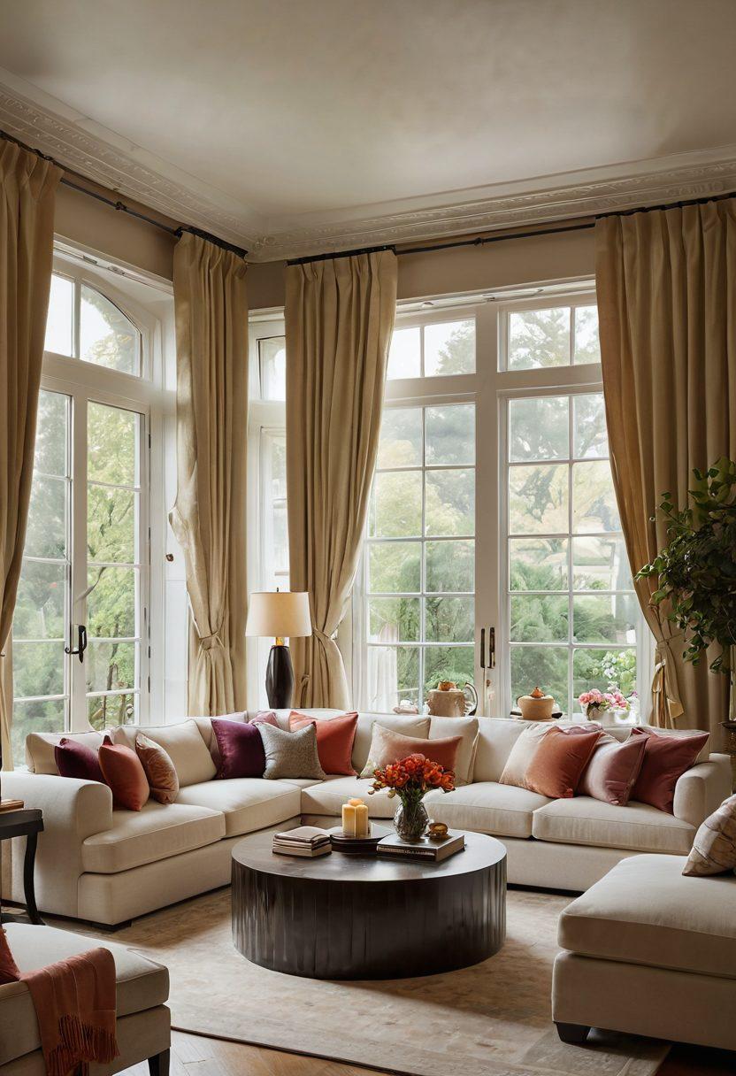 A cozy yet elegant living room scene featuring plush sofas adorned with vibrant throw pillows, elegantly designed coffee tables, and warm ambient lighting. Include large windows with sheer curtains, showcasing a serene garden view. Add elements of sophistication, such as decorative vases and artwork on the walls. The overall atmosphere should radiate comfort and style. super-realistic. warm colors. soft textures.