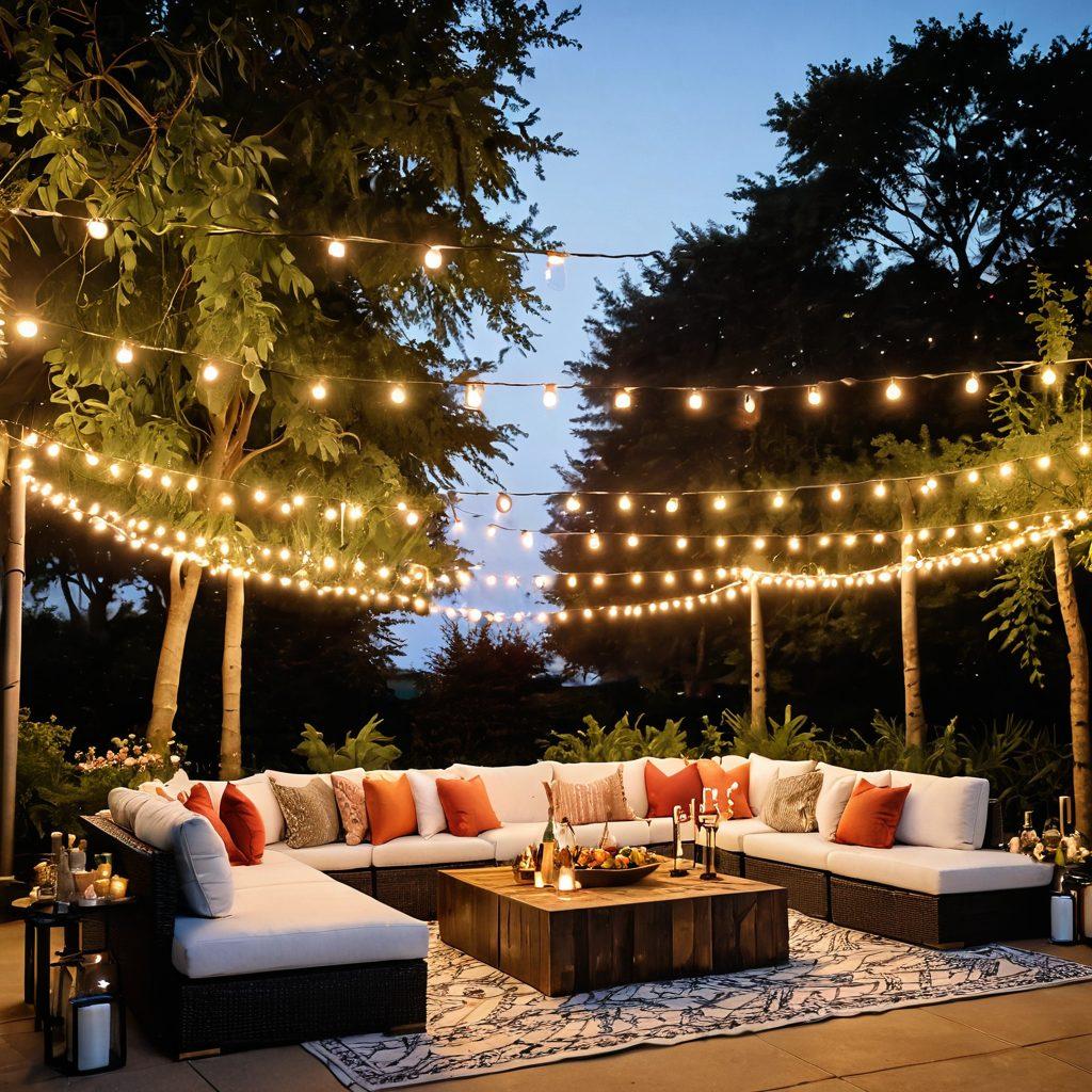 A beautifully arranged outdoor event showcasing bespoke seating solutions like elegant lounge chairs and custom picnic setups, surrounded by lush greenery and decorative string lights. The scene captures a sunset ambiance, with friends enjoying a joyous gathering, wine glasses in hand, laughter in the air. Accent details include personalized cushions and unique table settings for a luxurious touch. super-realistic. warm colors. vibrant atmosphere.